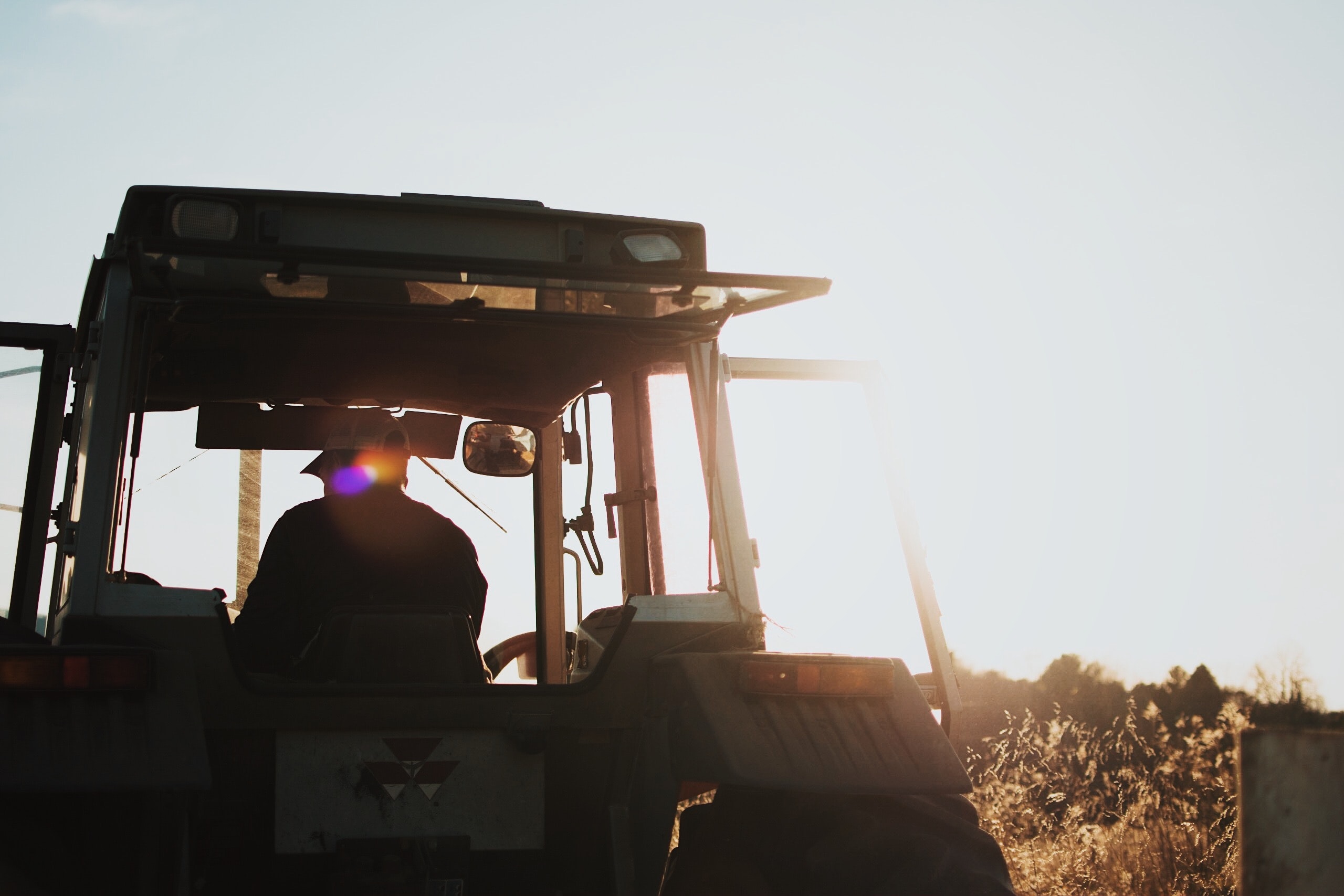 A man sitting in the driving seat of a tractor with a rollover cage, early morning soon after sunrise, shot from behind